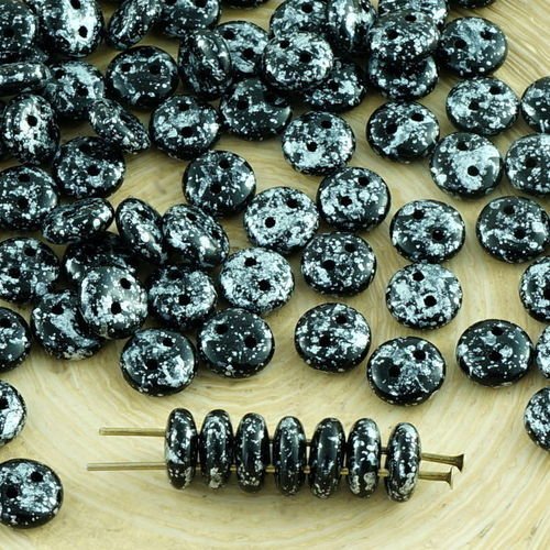 40pcs opaque jet de granit noir argent tweedy patine de lentilles de perles rondes en plat en verre  sku-31091