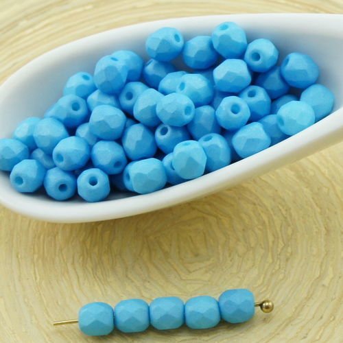100pcs mat albâtre aqua bleu en soie de verre tchèque ronde à facettes feu poli petites perles d'ent sku-31544