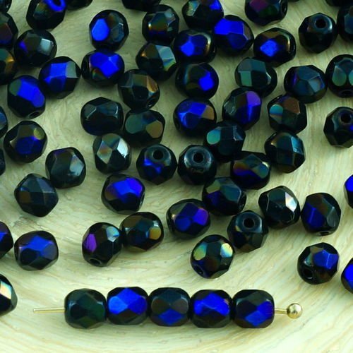 100pcs opaque jet noir bleu azur de la moitié de lustre de verre tchèque ronde à facettes feu poli p sku-31589