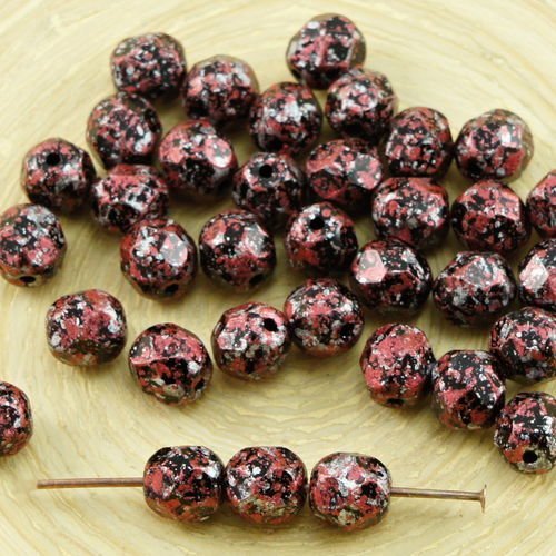 40pcs opaque jet de granit noir rouge argent tweedy patine verre tchèque ronde à facettes feu poli p sku-31608