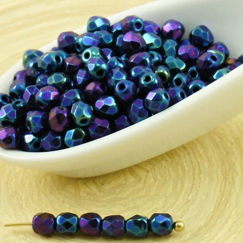100pcs bleu métallisé iris ronde à facettes feu poli verre tchèque perles de petit écarteur 3mm sku-31880