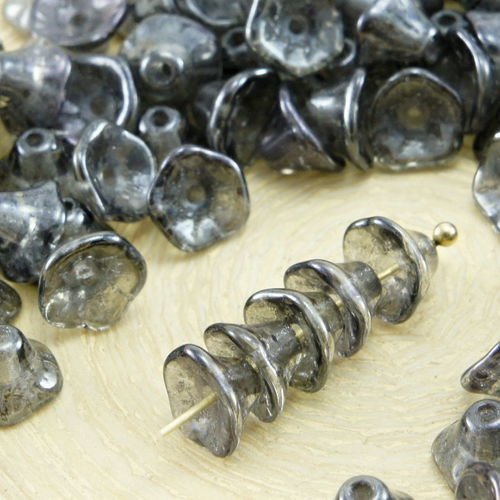 40pcs cristal jet noir gris lustre petite cloche fleur de bouchons de verre tchèque perles 5mm x 7mm sku-32364