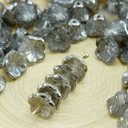 40pcs cristal clair metallic dark silver chrome demi petite cloche fleur de bouchons de verre tchèqu sku-32379