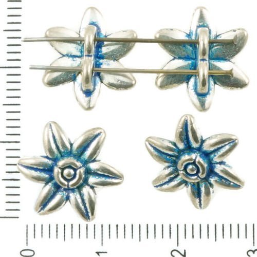 10pcs antique ton argent bleu patine laver fleur 2 trous des boutons de perles connecteurs curseurs  sku-36974