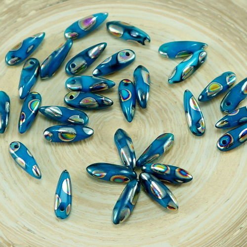 50pcs petit paon bleu aigue-marine combi cercle dichroïque vitrail verre tchèque poignard de perles  sku-26924