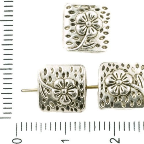 10pcs argent antique ton plat carré soufflé à la fleur de marguerite parsemée de perles de deux face sku-37367