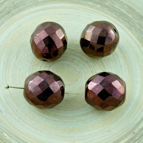6pcs grand bronze métallique ronde tchèque en verre à facettes feu poli perles de noël 14mm sku-29111