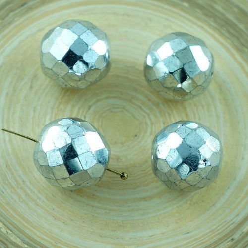 6pcs grand metallic silver ronde tchèque en verre à facettes feu poli perles de noël 14mm sku-29112