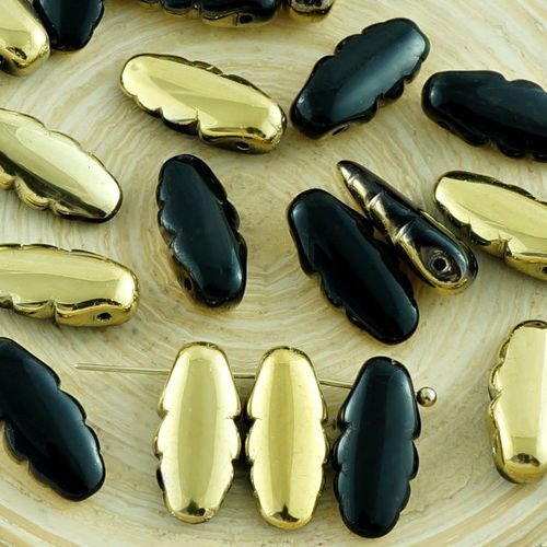 24pcs opaque jet black metallic gold demi-verre tchèque dentelé poignard sculpté de perles feuille p sku-31357