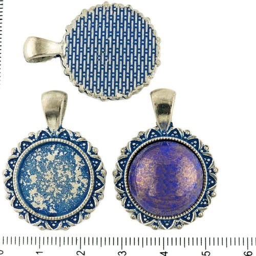 2pcs tchèque bleu patine antique ton argent pendentif rond cabochon paramètres de fleur lunette vide sku-34278
