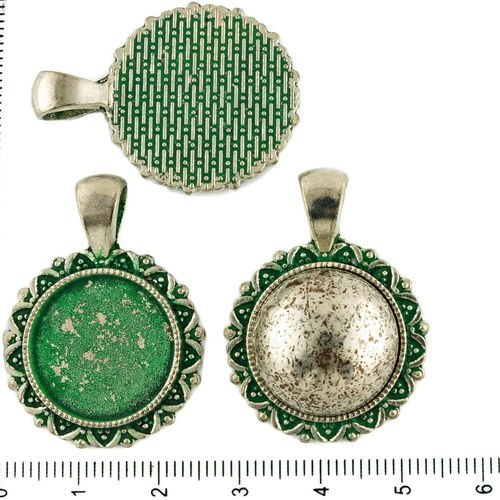2pcs tchèque vert turquoise patine antique ton argent pendentif rond cabochon paramètres de fleur lu sku-34280