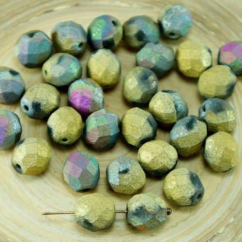 20pcs mat rustique or gravées violet californie vert verre tchèque ronde à facettes feu poli perles  sku-27106
