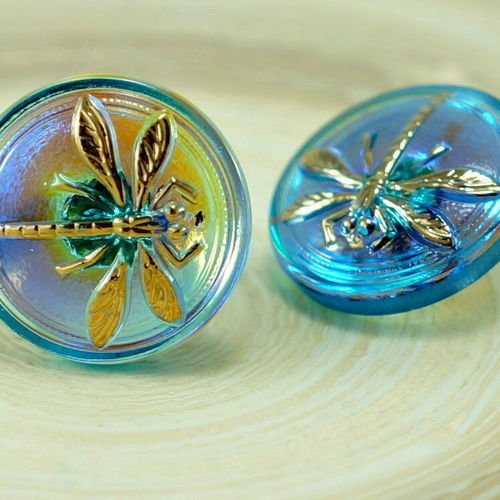 1pc main tchèque verre plat rond bouton d'or libellule en cristal bleu 18mm sku-25874