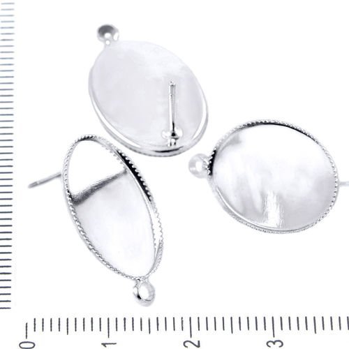 4pcs argenté boucle d'oreille clou en blanc plat ovale cabochon camée réglage du bac à des postes av sku-38002