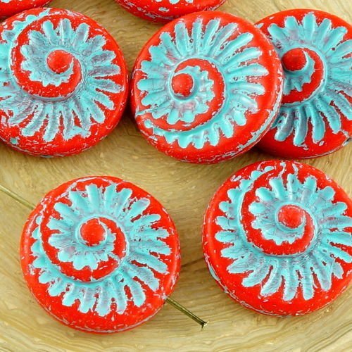 4pcs opaque rouge corail turquoise patine laver nautilus fossiles d'escargots en coquille d'ammonite sku-34940
