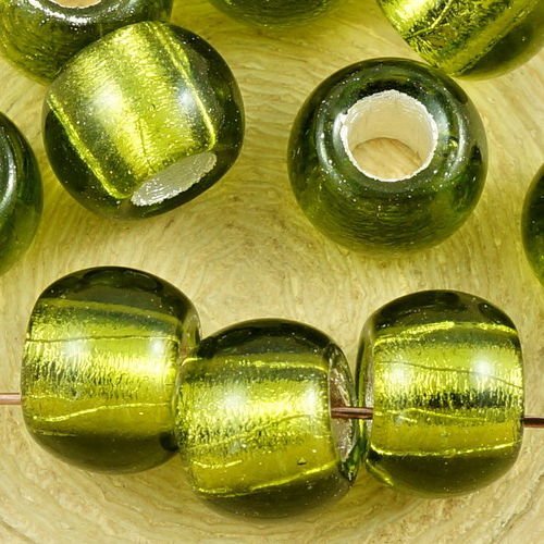 6pcs clair vert olive argent bordée tchèque ronde en verre grand trou perles de charme d'europe pone sku-35773