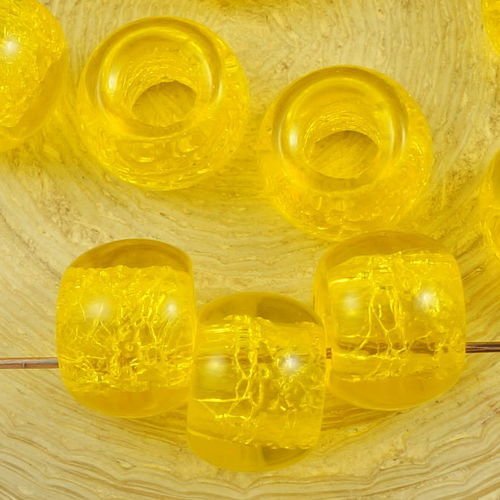 6pcs cristal jaune tchèque ronde en verre grand trou perles de charme d'europe poney 12mm x 9mm sku-35775