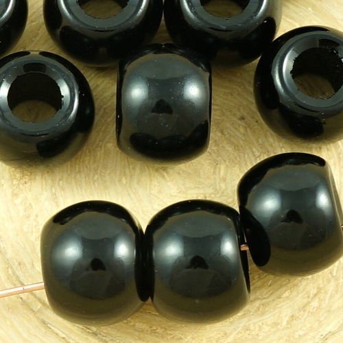 6pcs opaque noir de jais tchèque ronde en verre grand trou perles de charme d'europe poney 12mm x 9m sku-35777