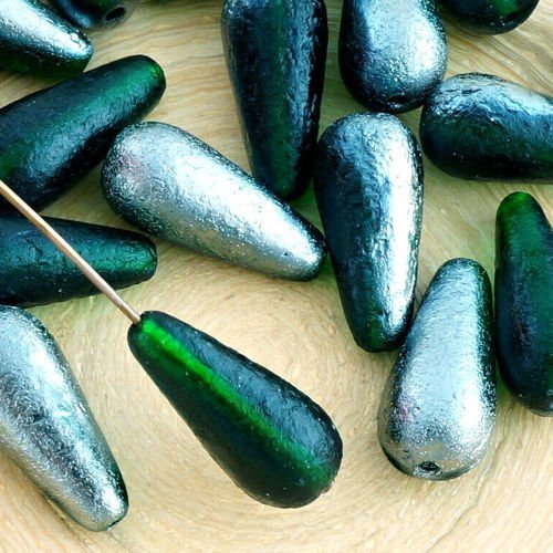 6pcs matte crystal dark emerald chrysolite vert argent gravé grande de longue larme glaçon poire tch sku-35352