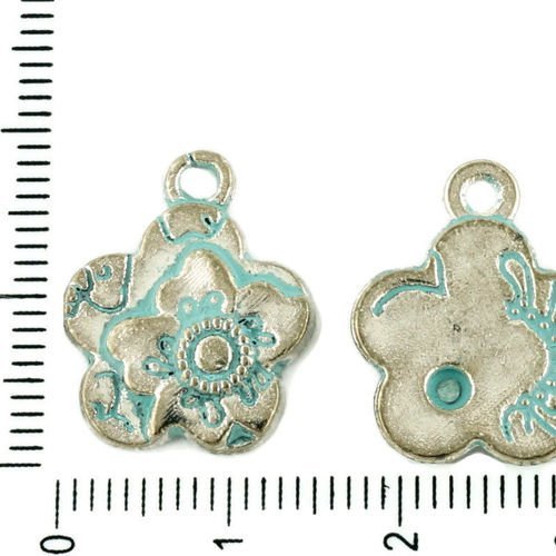 6pcs tchèque bleu turquoise patine antique ton argent charms fleur floral cabochon paramètres en mét sku-34081