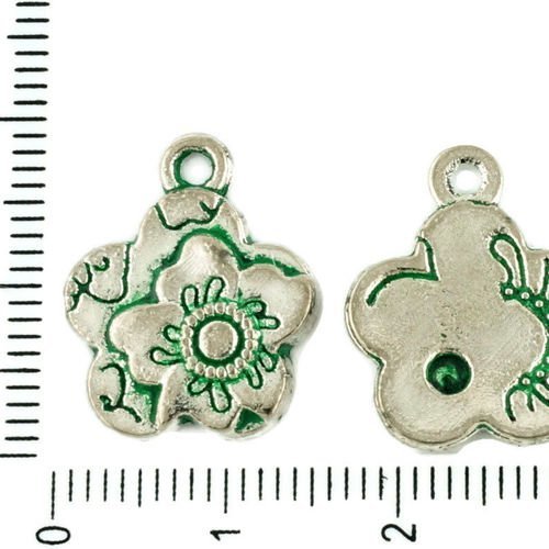 6pcs tchèque vert turquoise patine antique ton argent charms fleur floral cabochon paramètres en mét sku-34083