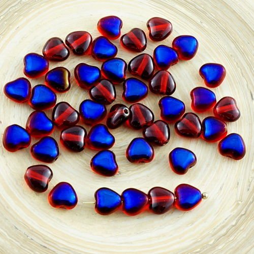 40pcs petit cristal rouge rubis métallisé bleu azur de la moitié de verre tchèque cœur des perles de sku-30355