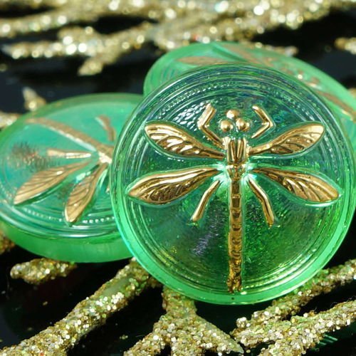 1pc main tchèque bouton de verre plat rond en or petites libellule jaune brillant vert taille 8 18mm sku-27435