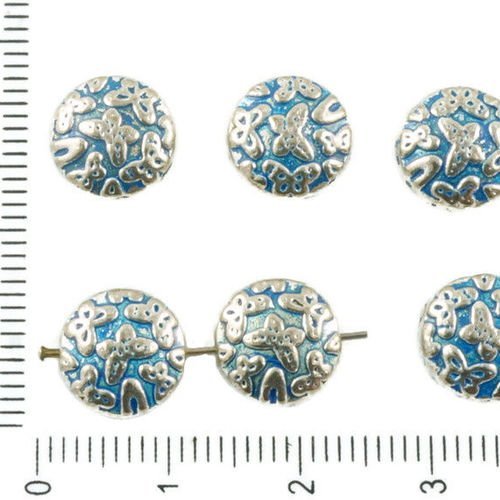 8pcs antique ton argent bleu patine de lavage à plat monnaie rond motif papillon perles des deux côt sku-36732