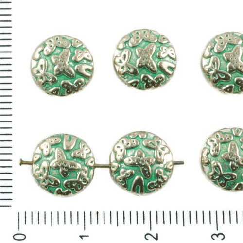 8pcs antique ton argent turquoise vert patine de lavage à plat monnaie rond motif papillon perles de sku-36736