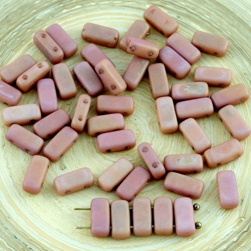 40pcs valentine rose lustre mat briques de verre tchèque perles de deux trous de 4 mm x 8 mm sku-28557