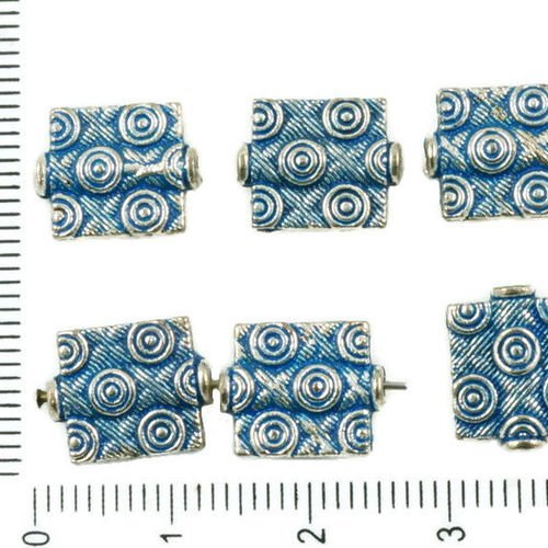 12pcs antique ton argent bleu patine de lavage à plat rectangle tube cercle rayé perles des deux côt sku-36767