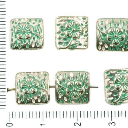 10pcs antique ton argent turquoise vert patine de lavage à plat carré soufflé à la fleur de margueri sku-36776