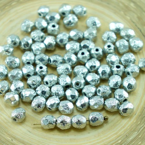 50pcs metallic argent plein rustique gravé verre tchèque ronde à facettes feu poli perles d'entretoi sku-27374