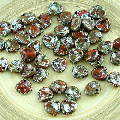 50pcs rouge argent marbre picasso tchèque de pétale de rose fleur de plat en verre pressé perles de  sku-28573