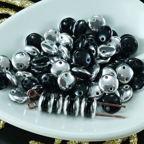 60pcs noir argent demi-verre tchèque 2 trou de lentilles de perles rondes plates disque rondelle 6mm sku-26084