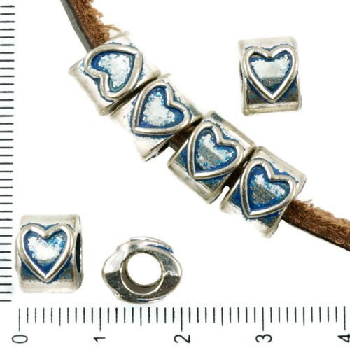 8pcs antique ton argent bleu patine laver de grandes trou ovale européenne pandora style de cœur amo sku-36604