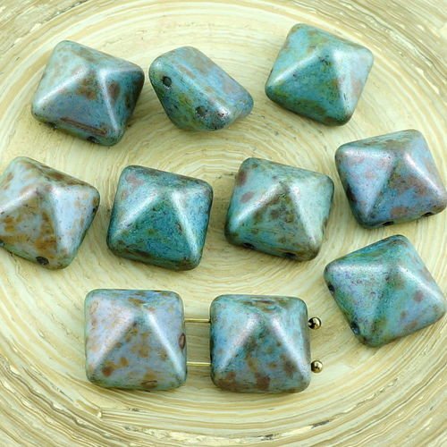 8pcs picasso bleu vert marron pyramide goujon 2 deux trou de verre tchèque perles 12mm x sku-30242