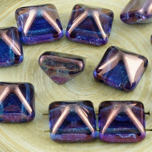 8pcs cristal pourpre violet lustre en bronze carré pyramide goujon 2 deux trou de verre tchèque perl sku-31368