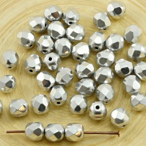 40pcs metallic silver verre tchèque ronde à facettes feu poli perles de 6mm sku-31621