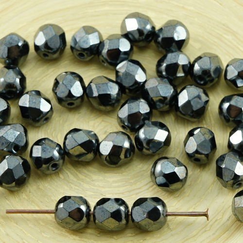 40pcs metallic argent noir lustre verre tchèque ronde à facettes feu poli perles de 6mm sku-31627