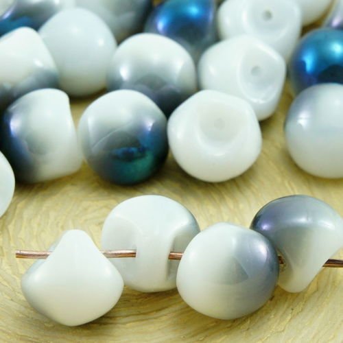 12pcs blanc albâtre métallisé blue flare lustre demi-gros champignon bouton de verre tchèque perles  sku-32143
