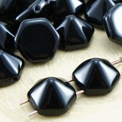 6pcs opaque noir de jais grand hexagone pyramide goujon 2 deux trou de verre tchèque perles de 12mm sku-32162