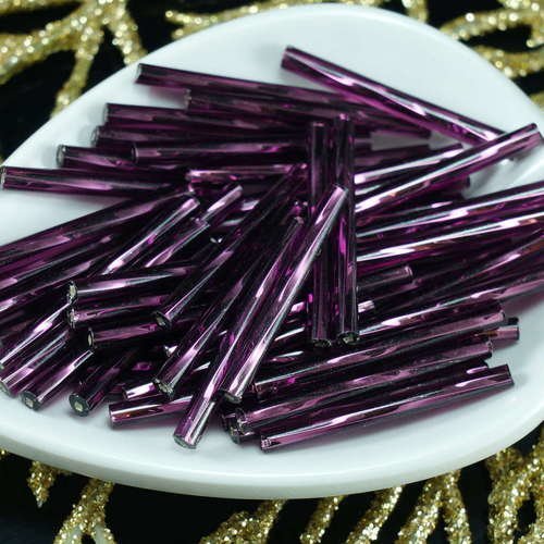 64pcs x 25mm extra longue violet argent bordée enrouler autour du verre tchèque perles de bugle prec sku-21282