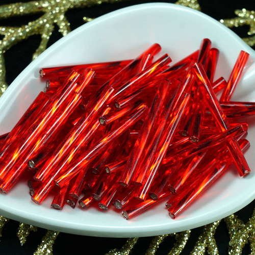 64pcs x 25mm extra longue rouge argent bordée enrouler autour du verre tchèque perles de bugle preci sku-21281