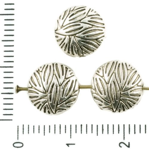 10pcs argent antique ton plat monnaie rond de feuille floral sculpté soufflé perles des deux côtés d sku-37359