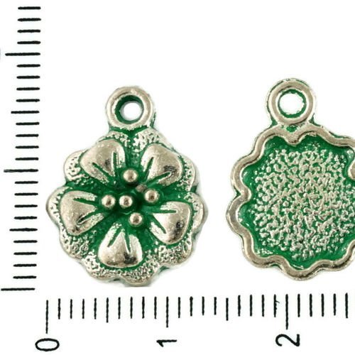 8pcs tchèque vert turquoise patine antique ton argent rond fleur charmes floral pendentifs en métal  sku-34091