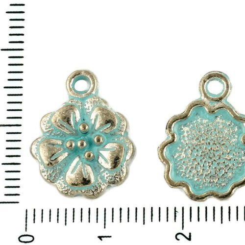 8pcs tchèque bleu turquoise patine antique ton argent rond fleur charmes floral pendentifs en métal  sku-34094