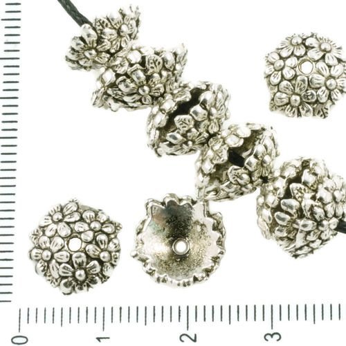 12pcs antique ton argent grosse perle pompon cap couronne de fleurs floral rond tchèque métal conclu sku-37333