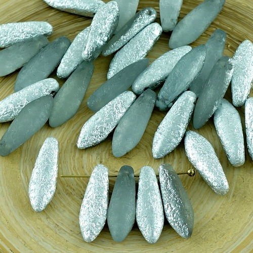 20pcs matte crystal metallic silver moitié rugueux rustique gravé givré verre tchèque poignard perle sku-30720