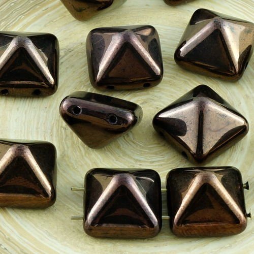8pcs métallique brillant bronze brun lustre carré pyramide goujon 2 deux trou de verre tchèque perle sku-31372